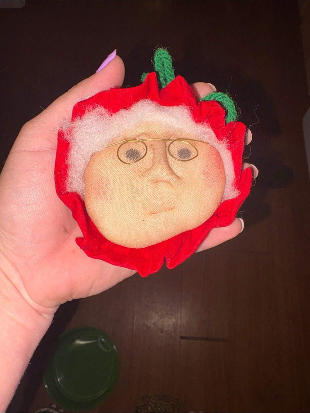 Vintage Red Fabric Face Ornament with Green Stem